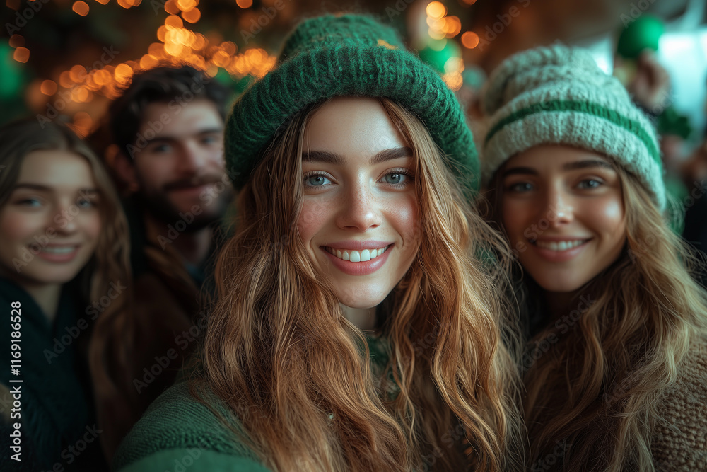 Fototapeta premium Group of friends celebrating Saint Patrick's Day with a joyful selfie at a festive gathering