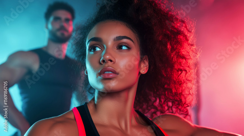 Strong athletes showcasing fitness and determination in vibrant lighting photo