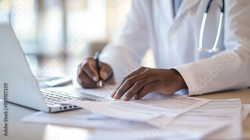 Doctor Reviewing Medical Insurance Claim in Clinic Setting
