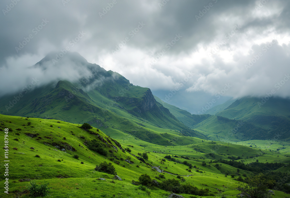 Fototapeta premium A lush, green mountainous landscape with dramatic cloudy skies. The rolling hills are covered in vibrant green vegetation, contrasting with the grey, stormy clouds overhead