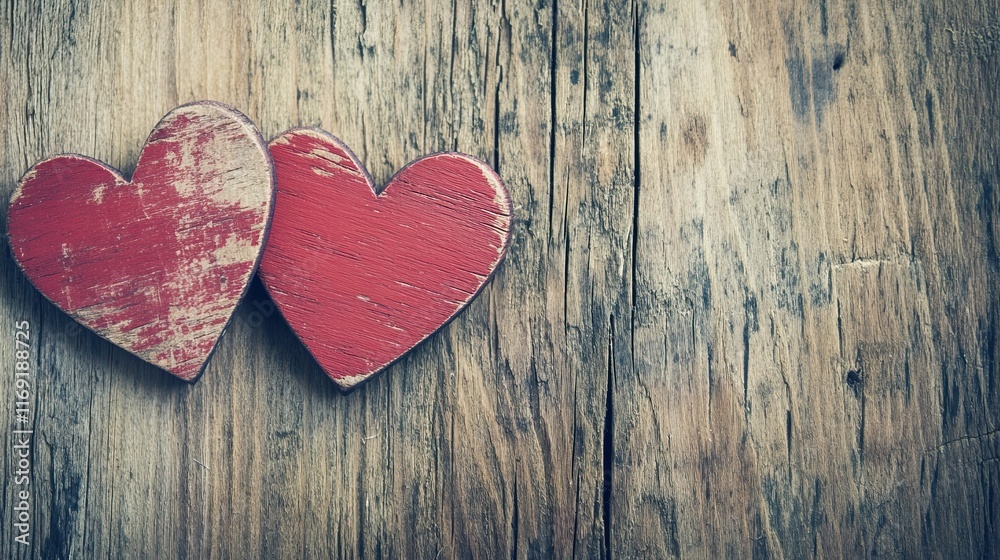 Two Red Wooden Hearts on Rustic Wooden Background, Love Concept for Valentine's Day Celebrations, Copy Space, High Quality, Soft Colors, Dramatic Light and Shadow, Stock Photography Style Two Red Wooden Hearts on Rustic Wooden Background, Love Concept for Valentine's Day Celebrations, Copy Space, High Quality, Soft Colors, Dramatic Light and Shadow, Stock Photography Style