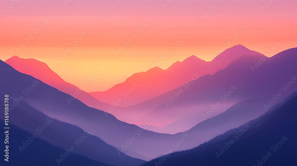 Fototapeta premium Serene Sunset Over Misty Mountain Ranges