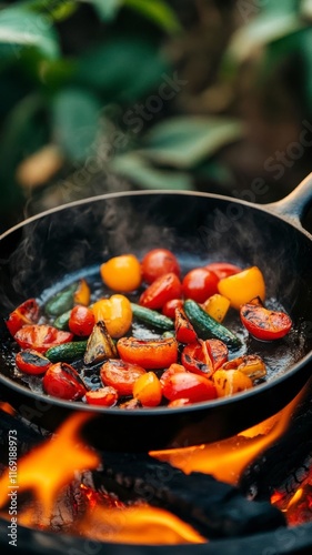 A vibrant skillet of colorful vegetables sizzling over an open flame, surrounded by lush greenery, showcasing outdoor cooking.