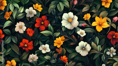 A vibrant floral pattern with yellow, red, and white flowers blooming amongst lush green foliage on a dark background.