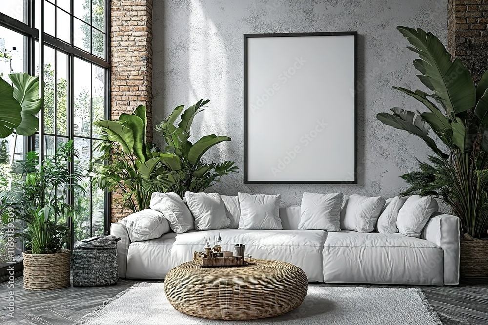 Modern living room with plants and a large white sofa. Modern living room with plants and a large white sofa.