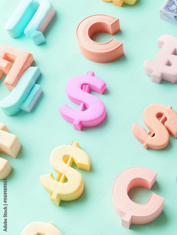 Naklejka premium A colorful arrangement of pastel letters and dollar signs on a mint green background, showcasing a playful and creative design.