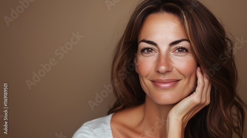 Portrait of a Smiling Mature Brunette, Woman in Her 40s or 50s, Beauty and Confidence in Middle Age, Skincare, Lifestyle and Natural Cosmetics Concept, Mocha Mousse Background with Copy Space.	