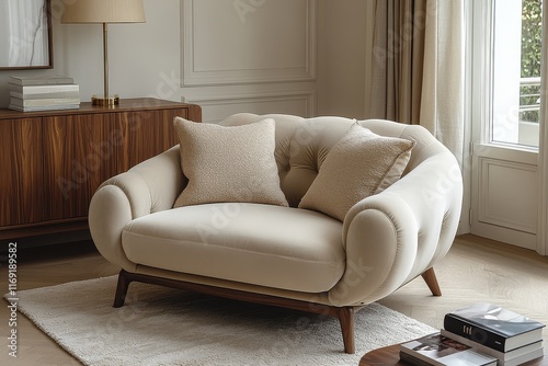 Beige velvet single sofa chair with wooden legs and armrests near a sideboard, beige sofa bed, coffee table, and lamp in a living room interior. photo