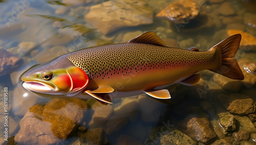 The brown trout Salmo trutta European species of salmonid fish widely introduced into suitable environments globally includes purely freshwater populations referred to as riverine ecotype photo