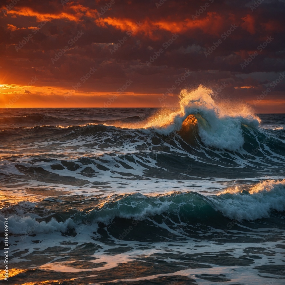 Naklejka premium Leonardo_Kino_XL_Ocean_Sunset_Majesty_Waves_crashing_under_a_f_0
