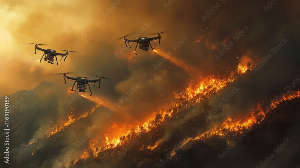 An aerial view of drones flying in formation, spraying fire-suppressant chemicals on a wildfire raging across a mountainside. An aerial view of drones flying in formation, spraying fire-suppressant chemicals on a wildfire raging across a mountainside.