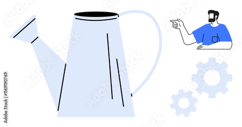 Watering can beside a person pointing towards two gears, suggesting nurturing and problem-solving. Ideal for growth mindset, resource management, teamwork, collaboration, innovation, productivity