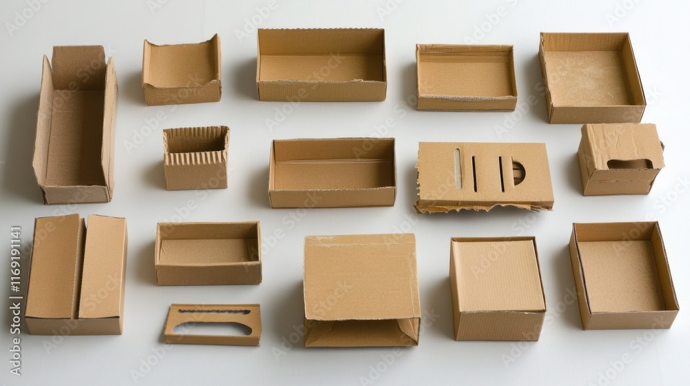 Obraz premium An assortment of corrugated boxes, some slightly worn and others pristine, scattered casually on a plain white surface.