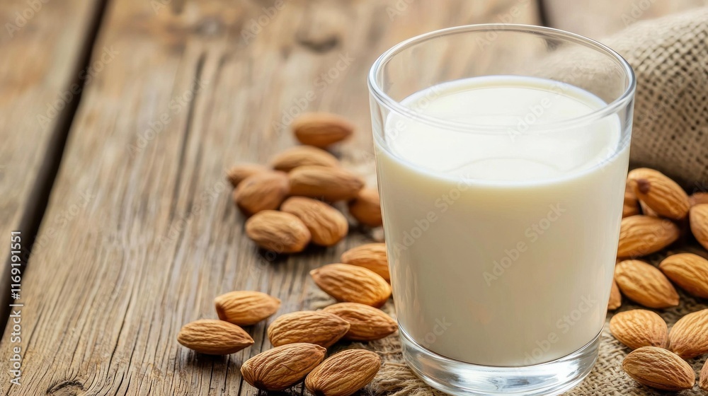 A glass of almond milk sits on a wooden surface, surrounded by almond nuts, showcasing a creamy and nutritious dairy alternative. A glass of almond milk sits on a wooden surface, surrounded by almond nuts, showcasing a creamy and nutritious dairy alternative.
