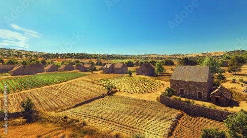 A rustic village surrounded by farmland, with stone houses and barns under a vast, clear blue sky. Rows of crops and a few scattered trees create a patchwork effect across the land photo