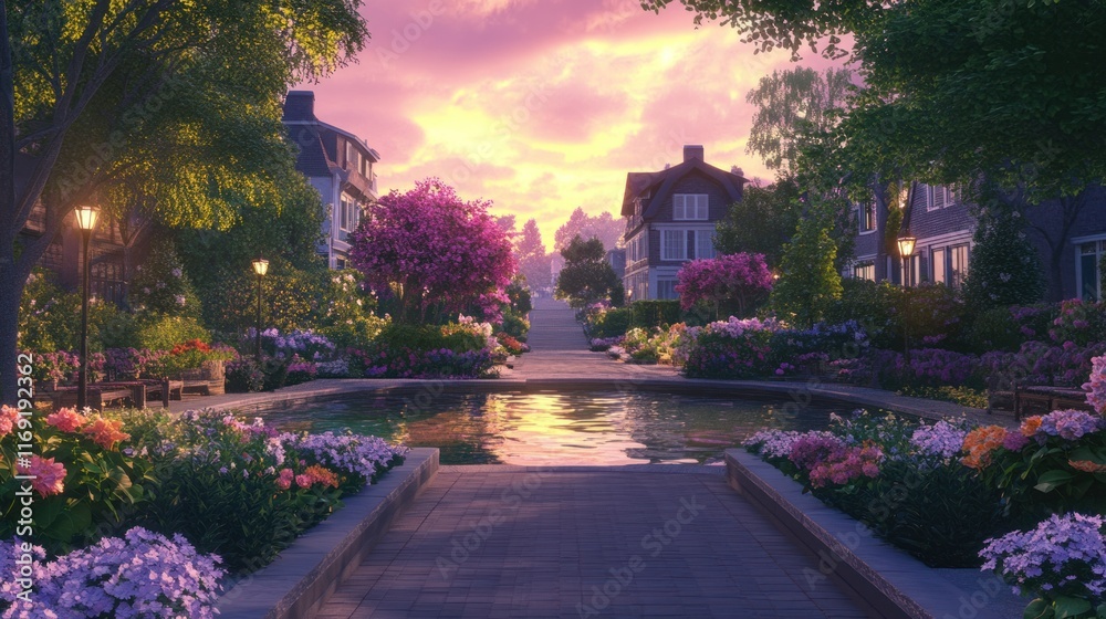 Obraz premium An empty street in a peaceful garden, surrounded by water features and vibrant flower beds, glowing under the pastel skies of dawn.