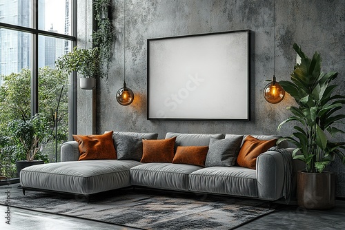 Modern living room with gray sectional sofa, large artwork, and plants.