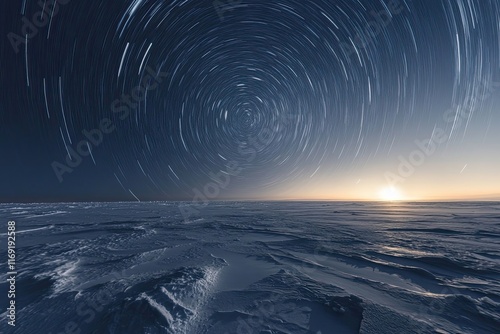 Star trails over a frozen arctic landscape at sunset