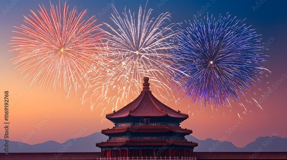 Obraz premium A stunning sunset view featuring vibrant fireworks illuminating a traditional pagoda against a mountainous backdrop.