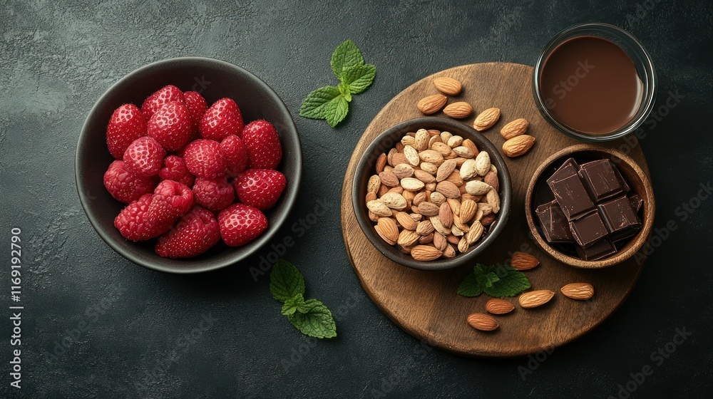 Fototapeta premium Assorted healthy snacks on a wooden platter.
