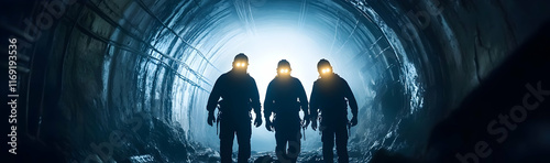 Coal miners with glowing headlamps entering an underground shaft, dramatic silhouette design for industrial themes photo