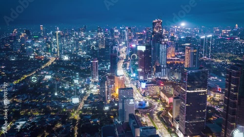 Jakarta's nighttime skyline features augmented reality graphics, visionary smart city concept with vibrant lights and cutting edge technology enhancing the urban scene