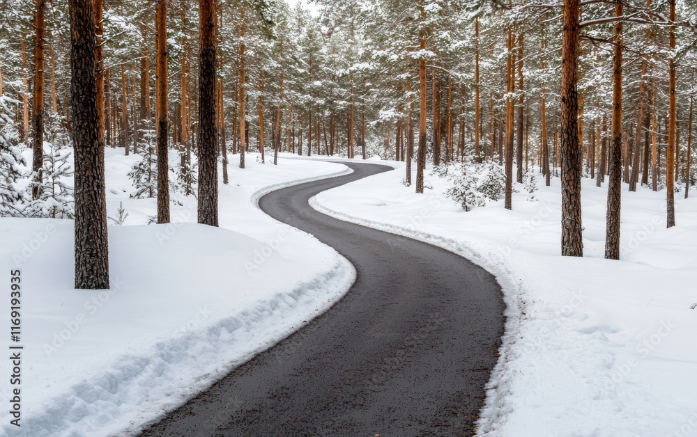 A snow-covered winding path through a serene forest, lined with tall pine trees, creating a tranquil winter landscape. A snow-covered winding path through a serene forest, lined with tall pine trees, creating a tranquil winter landscape.