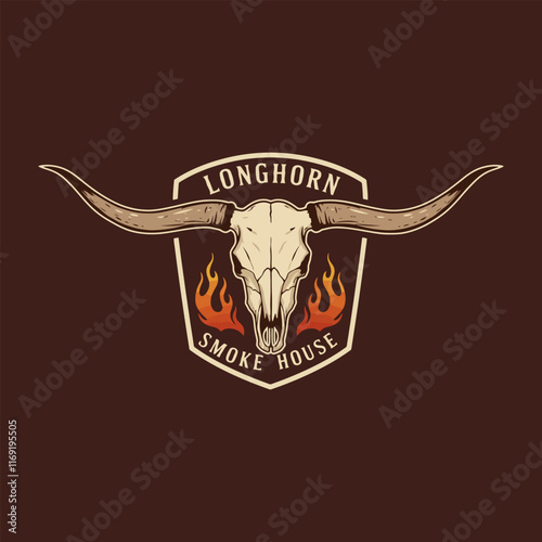 A vintage style logo featuring a longhorn skull engulfed in flames representing a smokehouse.