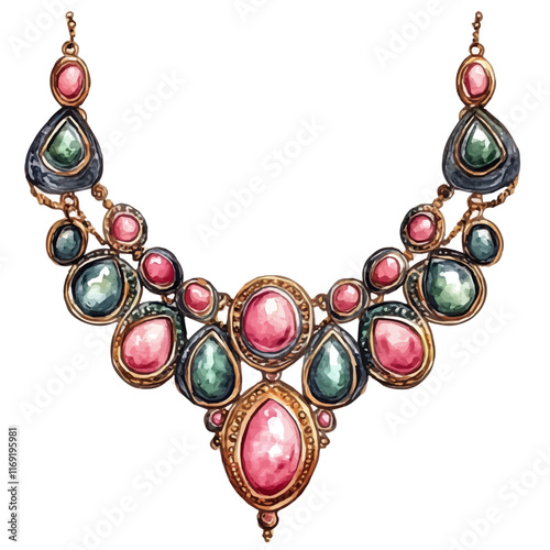 A watercolor vector painting of a vintage necklace, isolated on a white background. Vintage necklace vector.

