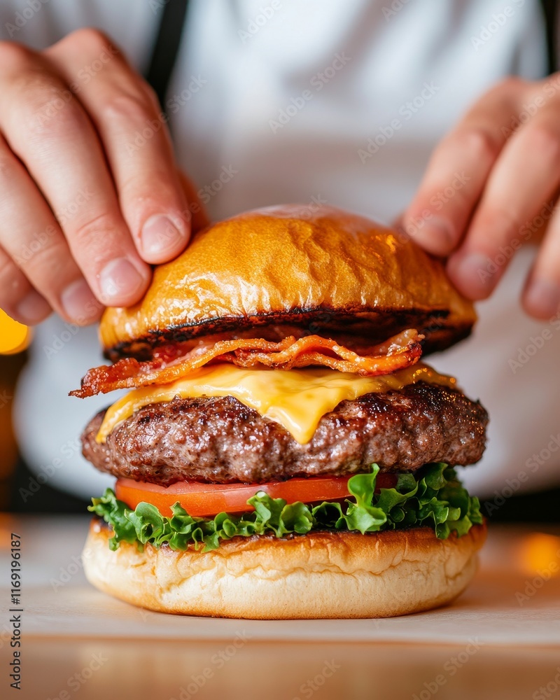 Burger Perfection: A close-up shot of a juicy burger being assembled, showcasing a perfectly grilled patty, melted cheese, crispy bacon, fresh lettuce, and a ripe tomato. Burger Perfection: A close-up shot of a juicy burger being assembled, showcasing a perfectly grilled patty, melted cheese, crispy bacon, fresh lettuce, and a ripe tomato.