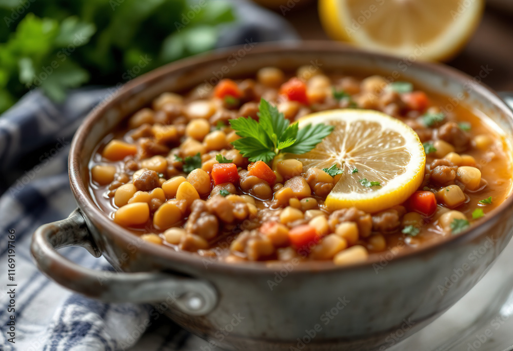 Lentil soup with lemon close up Lentil soup with lemon close up