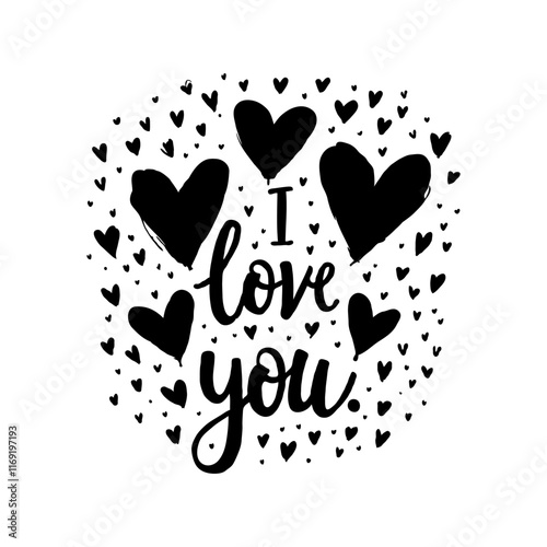 Black hand-drawn I Love You text surrounded by hearts, on a white background. Concept of love, romance, and affection