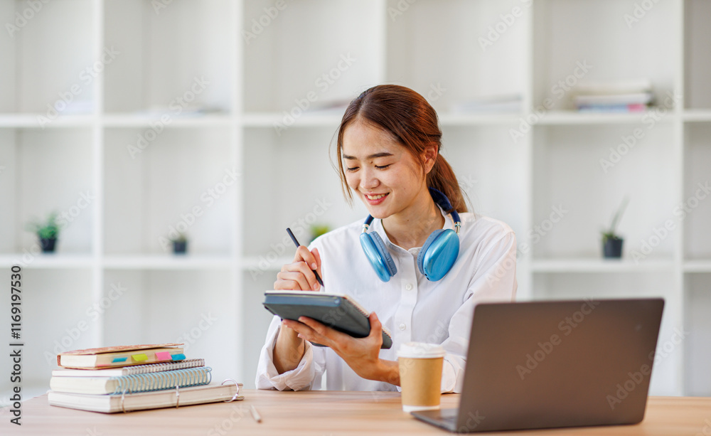 Concentrated young asian female student engaged in academic research with laptop and headphones at modern library desk, writing Notes and Studying Online. Concentrated young asian female student engaged in academic research with laptop and headphones at modern library desk, writing Notes and Studying Online.