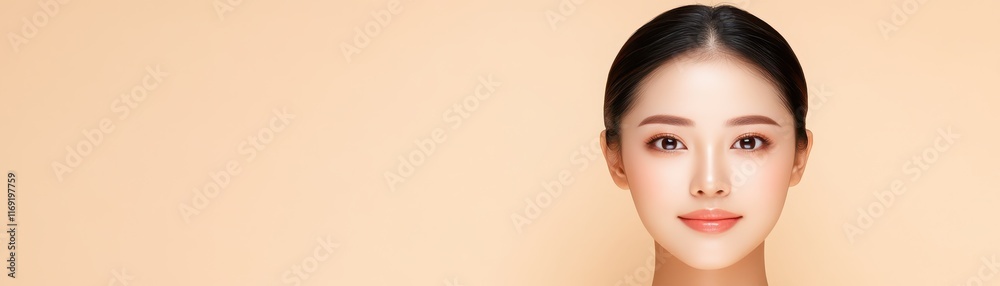 Fototapeta premium Captivating portrait, woman with vibrant pink lipstick and sleek black hair portrait