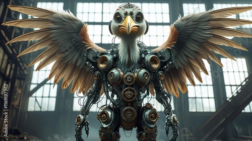 A fantasy creature that looks like a cross between a bird and a mechanical entity. photo