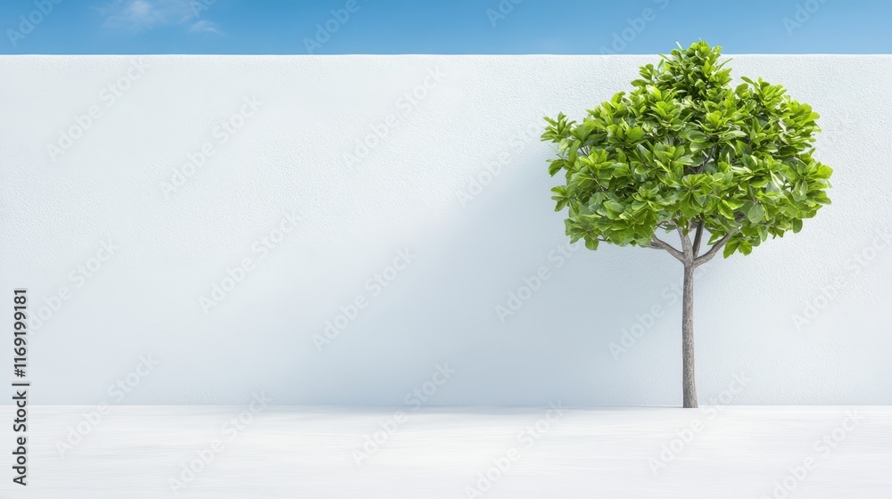 Obraz premium Serene minimalism, a small tree against white wall, embracing tranquility and nature's touch