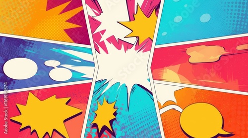 Colorful Comic Book Panels Exploding with Dynamic Action and Speech Bubbles..