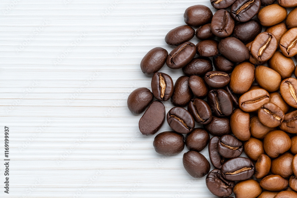 Close-up View of Mixed Arabica Coffee Beans Showcasing Their Rich Textures and Colors Against a Light Wooden Background Close-up View of Mixed Arabica Coffee Beans Showcasing Their Rich Textures and Colors Against a Light Wooden Background