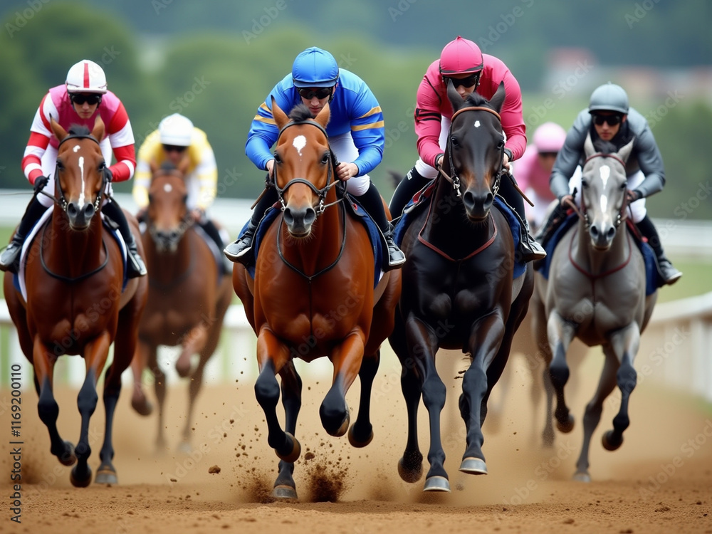 Riders compete on horses in races to determine who will win. Riders compete on horses in races to determine who will win.