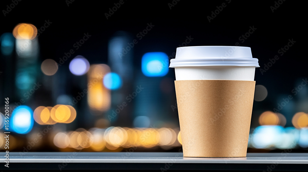 Delightful Close-Up of a Cozy Coffee Cup Against a Vibrant Cityscape Backdrop at Night Delightful Close-Up of a Cozy Coffee Cup Against a Vibrant Cityscape Backdrop at Night
