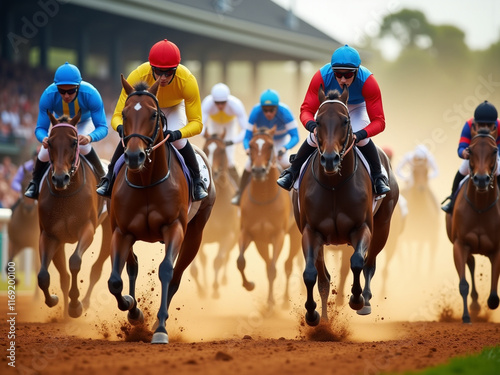 Riders compete on horses in races to determine who will win. photo