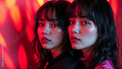 Wallpaper Mural  Portrait of two girls in vibrant red and pink lighting Torontodigital.ca