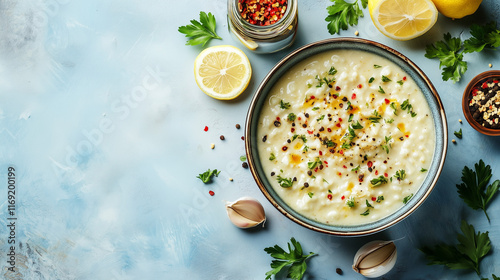 Creamy Shkembe Chorba with Spices and Lemon on Blue Background photo