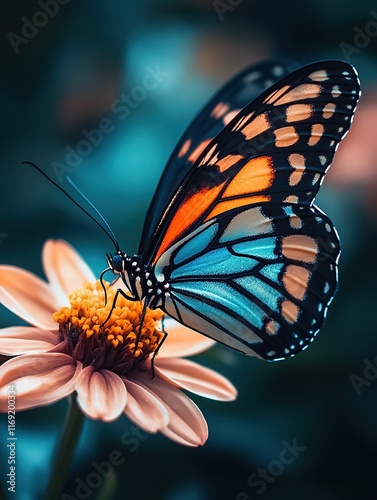 A high-resolution close-up of a colorful butterfly resting on a blooming flower. The butterfly’s wings showcase intricate patterns in vibrant hues of blue, orange, and black.