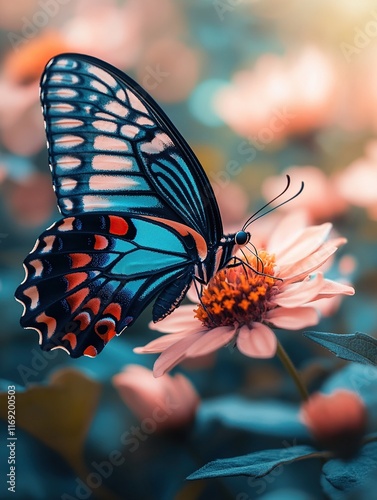 A high-resolution close-up of a colorful butterfly resting on a blooming flower. The butterfly’s wings showcase intricate patterns in vibrant hues of blue, orange, and black.