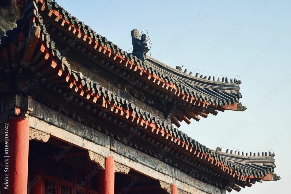 Ornate temple roofline, layered, detailed carvings. Ornate temple roofline, layered, detailed carvings.