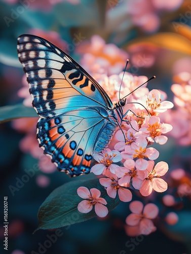 A high-resolution close-up of a colorful butterfly resting on a blooming flower. The butterfly’s wings showcase intricate patterns in vibrant hues of blue, orange, and black.