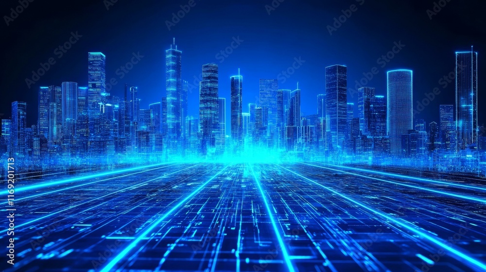 Futuristic Cityscape with Digital Pathways Futuristic Cityscape with Digital Pathways