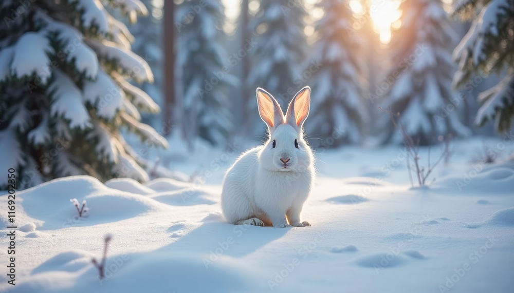 A snowy white rabbit sits amidst a snow-covered forest, bathed in sunlight A snowy white rabbit sits amidst a snow-covered forest, bathed in sunlight
