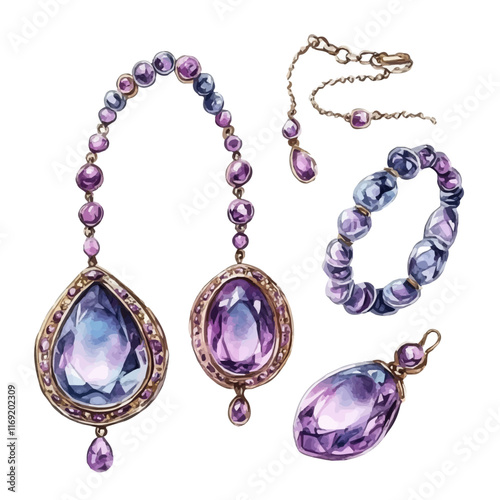 A watercolor vector painting of a vintage jewelry set, isolated on a white background. Vintage jewelry set vector.

